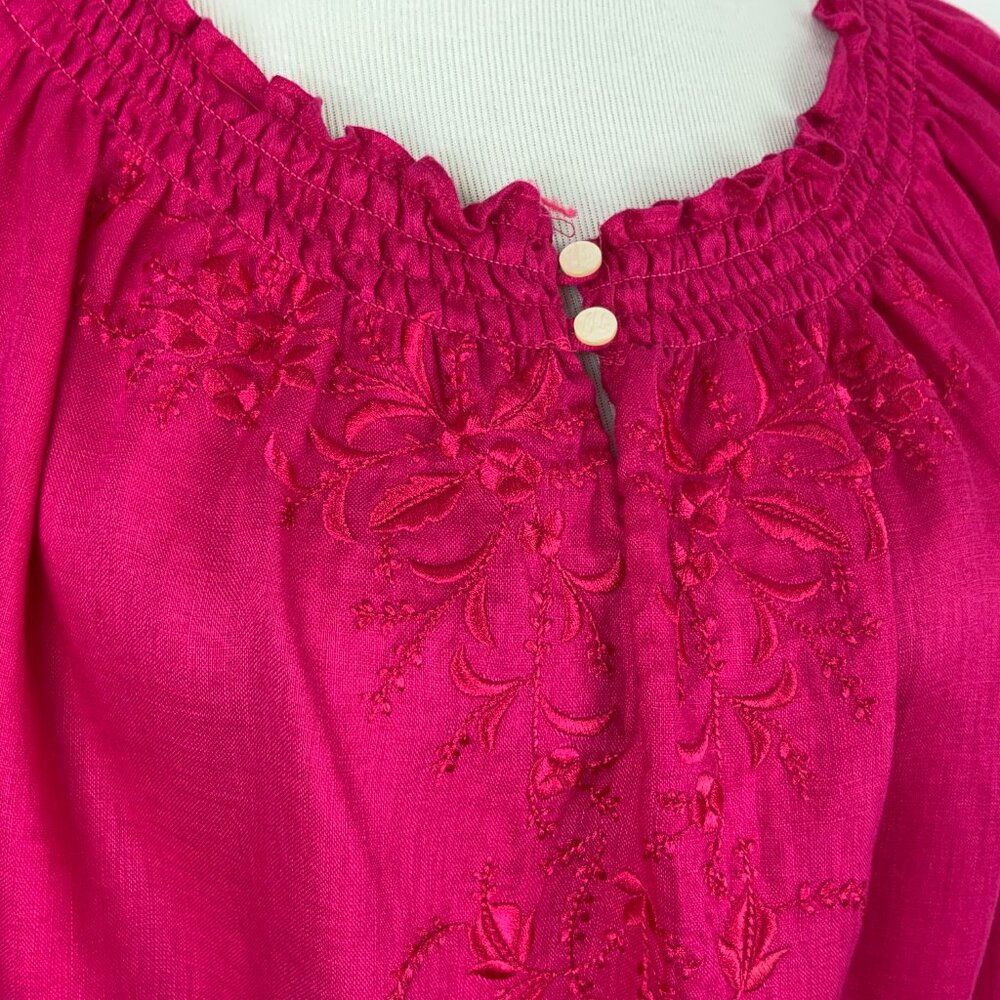 Lauren Ralph Lauren Fuschia Linen Peasant Embroidered Blouse Tie Waist Sz L - Picture 9 of 16